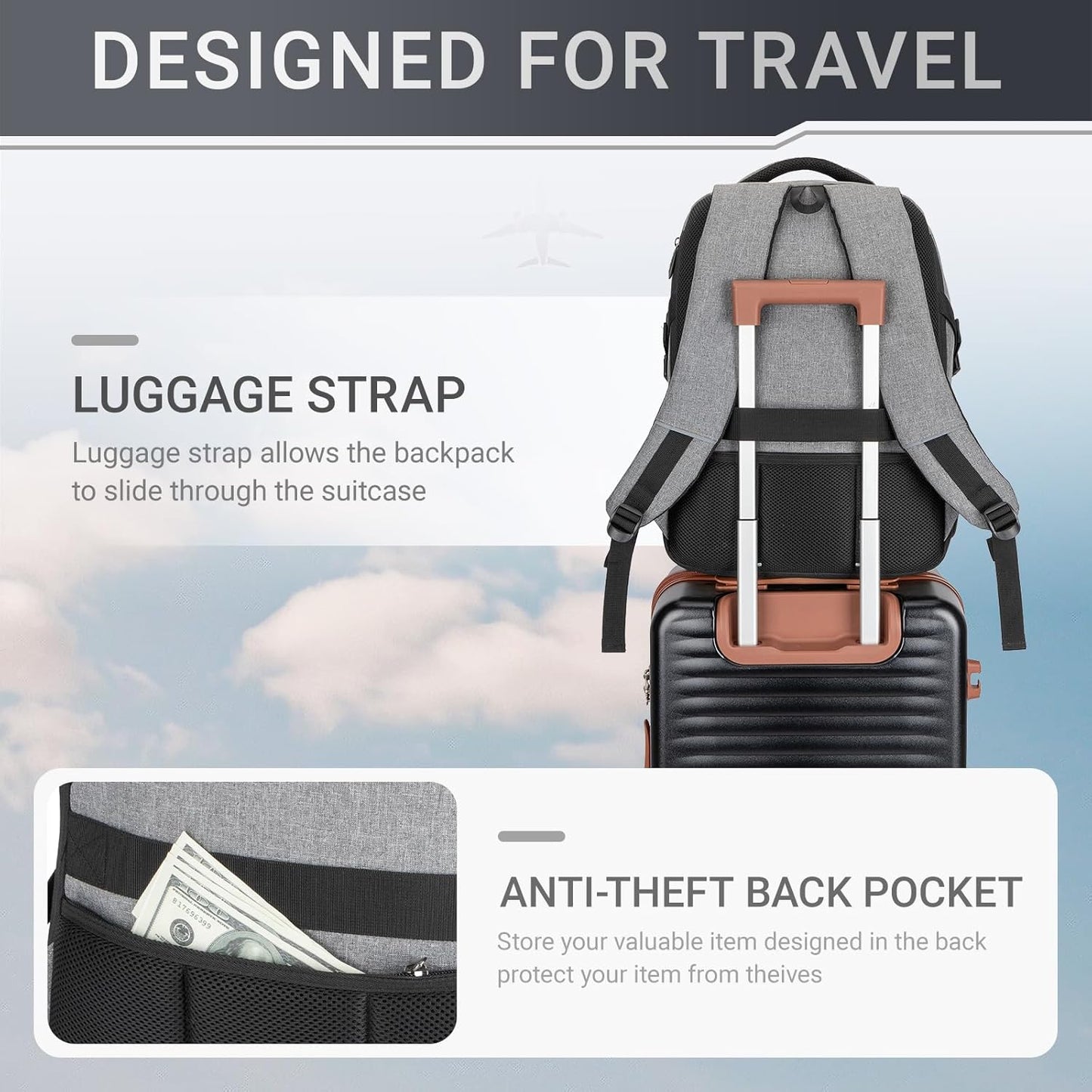 40L Expandable Laptop Backpack, Anti-thief Travel Backpack with USB Charging Port, Airline Approved Business Waterproof Carry on Luggage, Fits 15.6" Laptop for Men Women