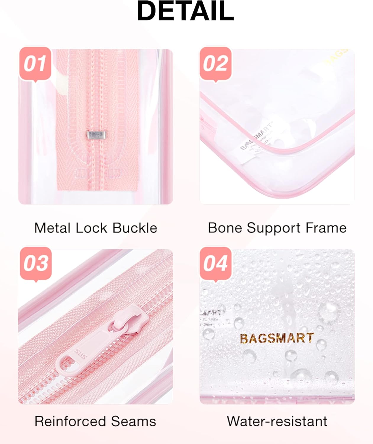 BAGSMART Clear Toiletry Bag, 2 Pack TSA Approved Carry on Travel Accessories Bag Airport Airline Quart Size Bags Water Repellent Makeup Cosmetic Bag for Women (Pink-2pcs)