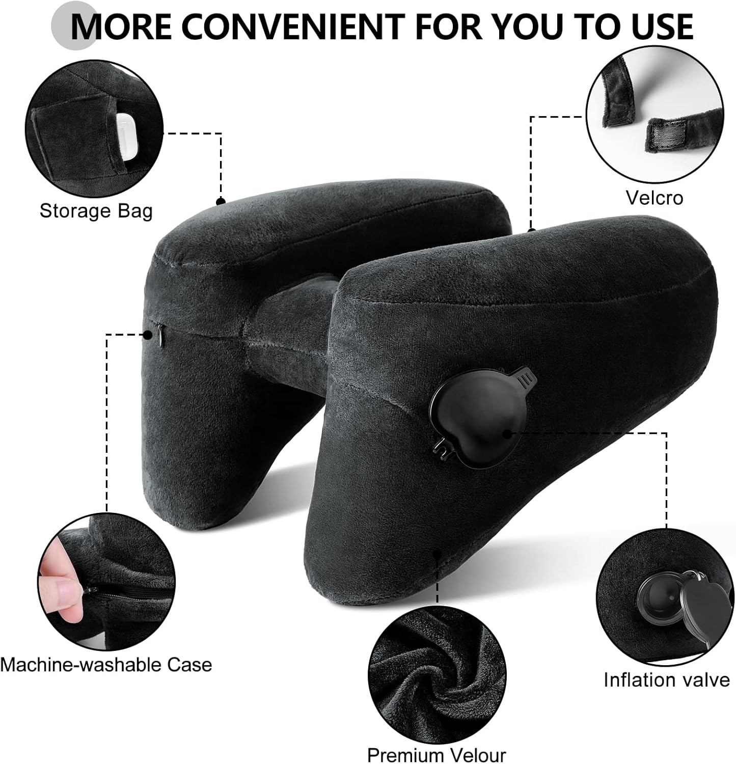 Sunany Neck Pillow for Travel Inflatable Airplane Pillow Comfortably Supports Head, Neck and Chin, Inflatable Travel Pillow with Soft Velour Cover and Portable Drawstring Bag (Black)