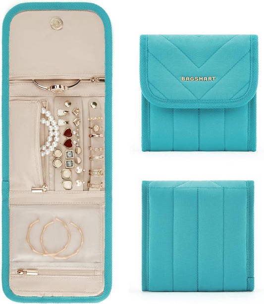 BAGSMART Travel Jewelry Organizer Case, Foldable Jewelry Roll for Necklaces, Earrings, Journey-Rings, Bracelets, Brooches, Portable,Teal