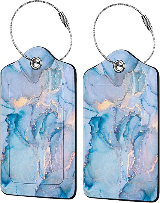 Blue Gold Marble 2 Pack Luggage Tag for Suitcase, Cute Unique Leather Bag Tags Identifiers Privacy Cover ID Label with Steel Loop for Women Men Kids Girls Travel