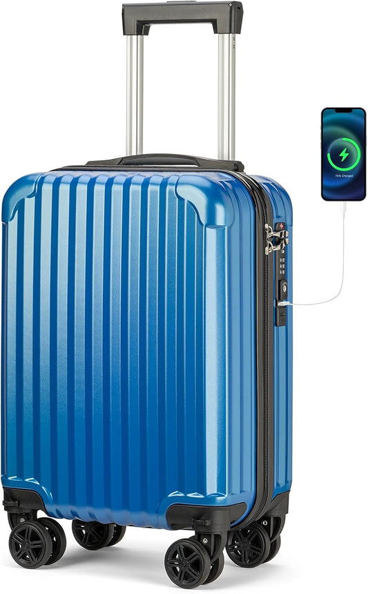 Personal Item Suitcase 18x14x8 Inches Hardside Built In TSA Lock & USB Port Lightweight Luggage Silent Double Spinner Wheels Maximum Underseat Carry-On Bag For Spirit and Frontier (Royal Blue)