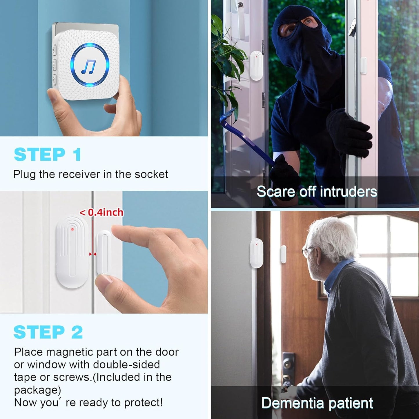 SanJie Door Sensor Chime for Door Opens, Business/Home/Office/Store, 500 FT Range, 26 Chimes, 5 Adjustable Volume, 3 Sensors + 2 Receivers
