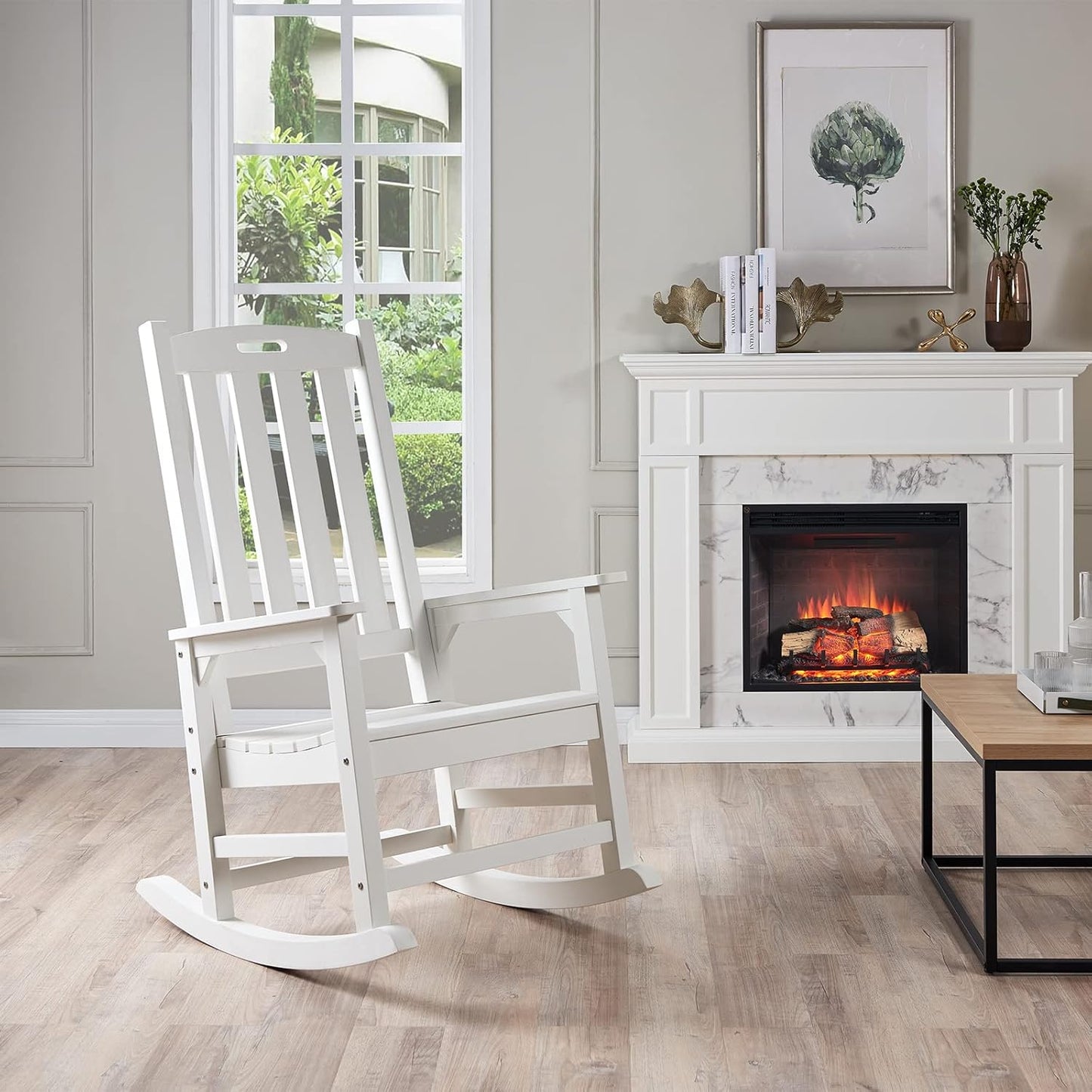 Psilvam Oversized Outdoor Rocking Chair, with 21" Wide Seat and 32" Tall Backrest, Pre-Assembled with Most Components for Effortless Installation (White)