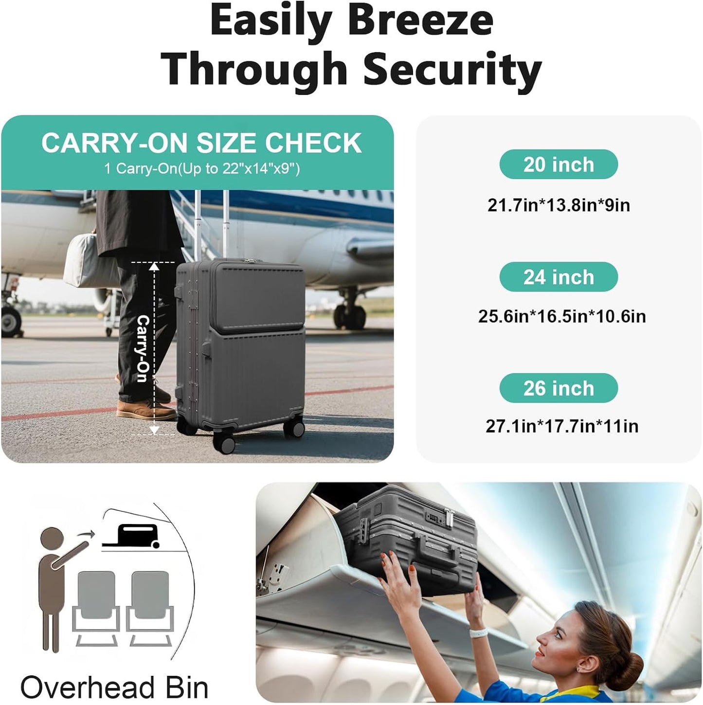 Hard Shell Luggage 24 Inch Travel Luggage, Carry-On Luggage Spinner TSA with Lid, ABS Aluminum Frame，Lightweight Travel Luggage 20'' 24'' 26''Carry-On (upgraded grey, 24 inch)