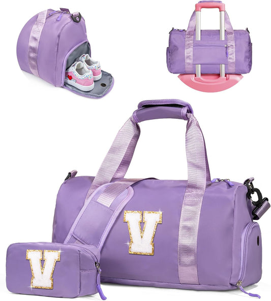 Girls Gifts 9-10 Year Old-Girl Gym Bag with Shoe Compartment, Kid Personalized Weekender Overnight Bags, Initial Travel Tote with Makeup Pouch, Kids Easter Gift (Letter V)