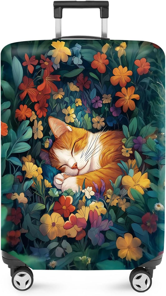 ANNA QUEEN Dreamy Cat Luggage Cover, Cat Sleeping in a Flower Field Design, Stretchable, Washable Travel Protector for 32-34 Inch Luggage