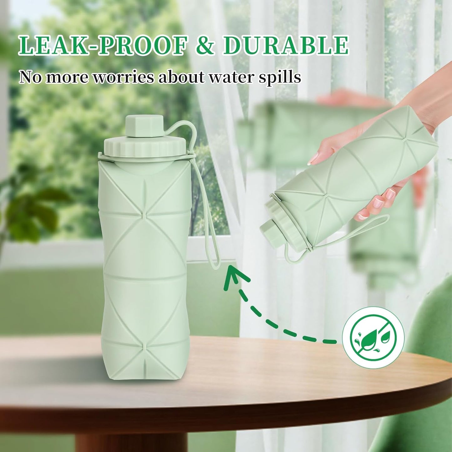 YCT Collapsible Silicone Travel Water Bottle 20oz (600ml), Reuseable Leakproof BPA Free Foldable Sports Bottle, with Carrying Strap, Dark Gray + Blue