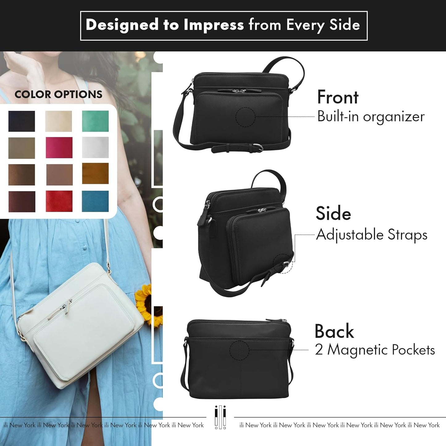 ili New York Genuine Leather Crossbody Bags for Women - Premium RFID Blocking Shoulder Bag Organizer with Adjustable Strap