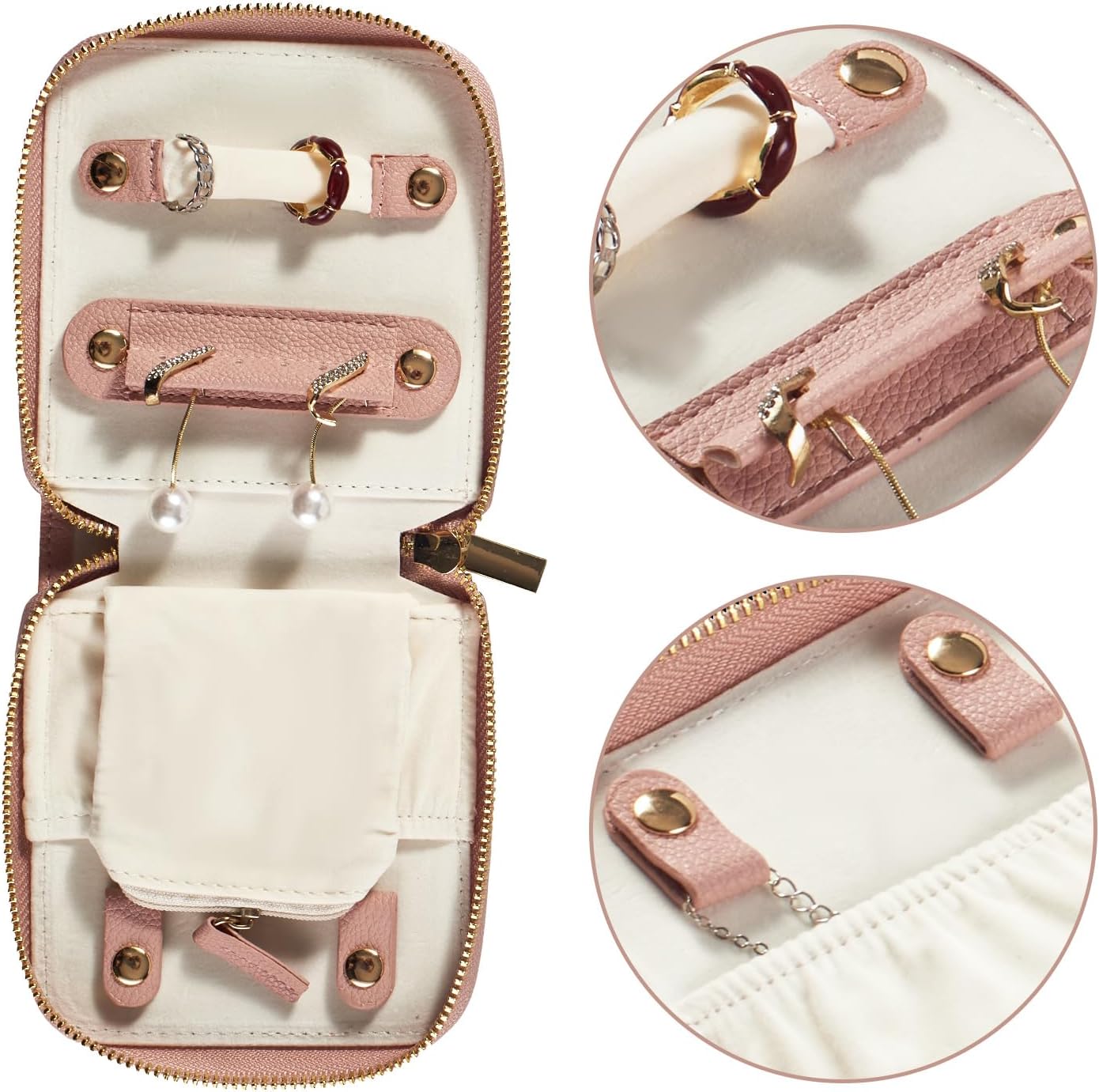 Travel Jewelry Organizer Case - for Tangle-Free Necklaces, Earrings, Rings, Bracelets Storage, Travel Essentials, Fashion Portable Jewelry Travel bags for Women - Small Macaron Pink