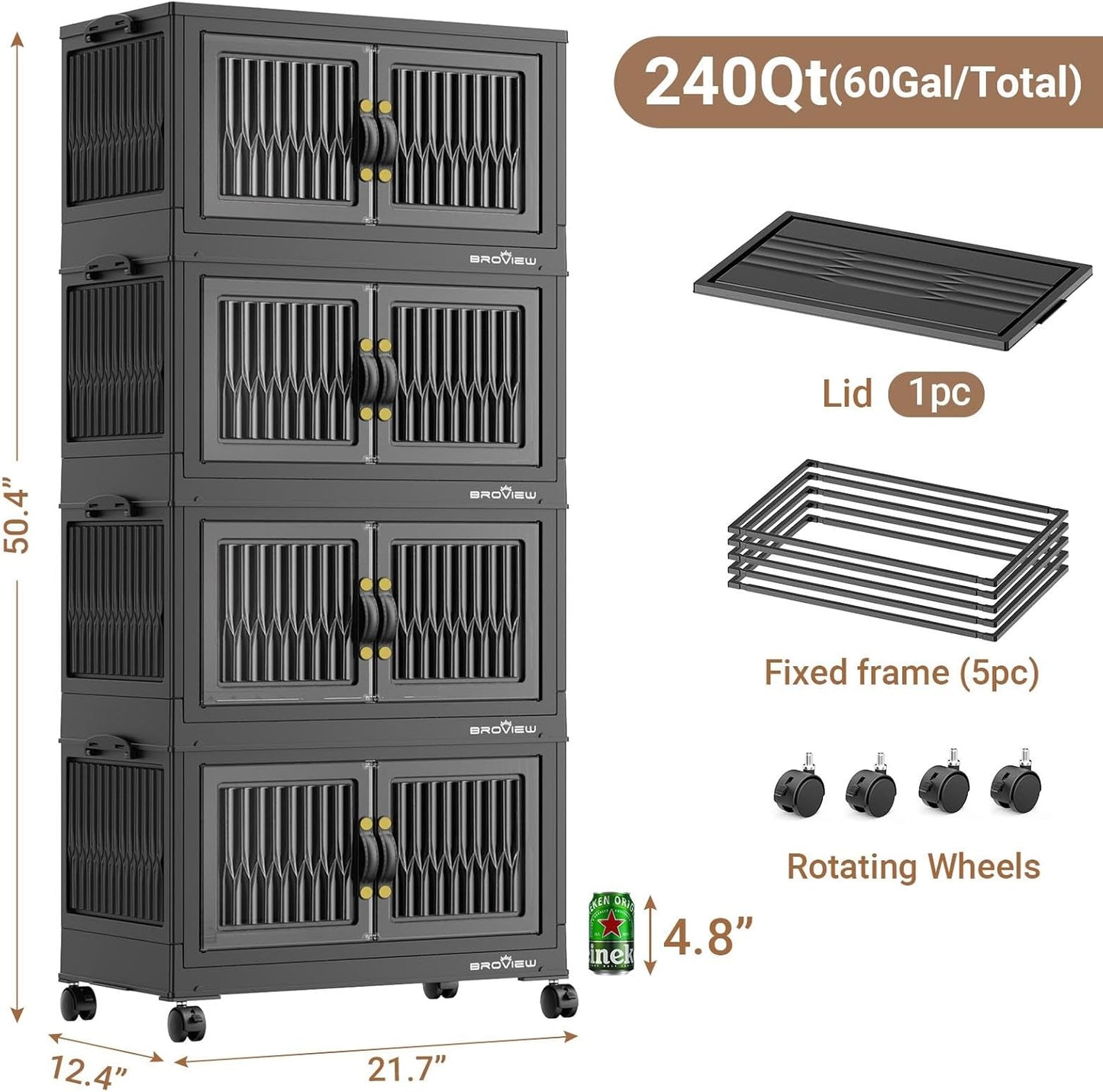 BROVIEW 240Qt Stackable Storage Bins with Lid, Extra Large Closet Organizer Collapsible Drawer Boxes with Wheels, Folding Plastic Cabinet Containers for Home Kitchen Room Organization, 4Pack Black