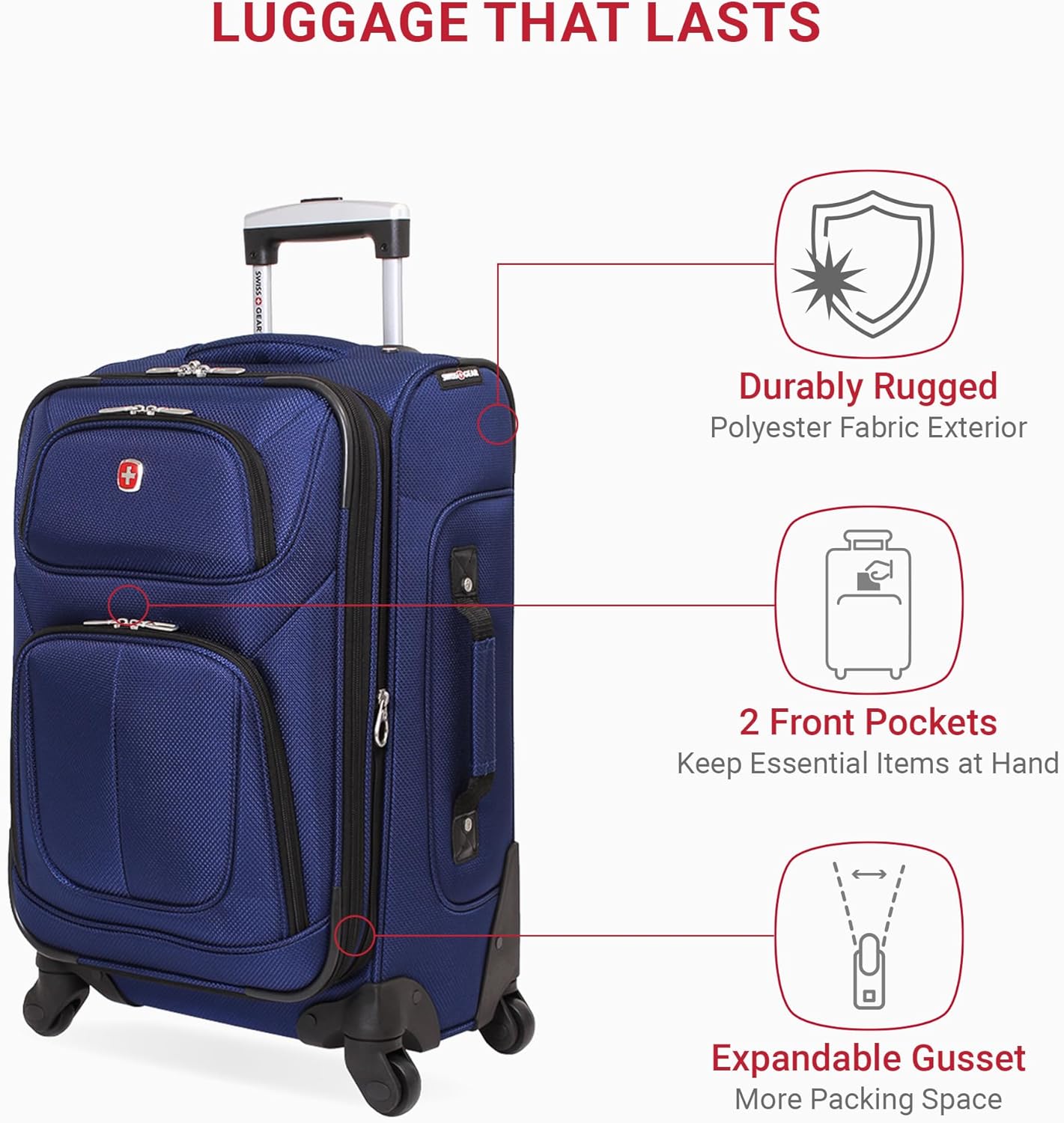 SwissGear Sion Softside Expandable Luggage – Carry-On Suitcase with 360 Degree Wheels & Retractable Handle – 21 Inch, Perfect for 1-3 Night Trips – Blue