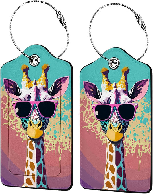 Giraffe in Sunglasses 2 Pack Luggage Tag for Suitcase, Leather Bag Tags Identifiers Privacy Cover ID Label with Steel Loop for Women Men Kids Girls Travel