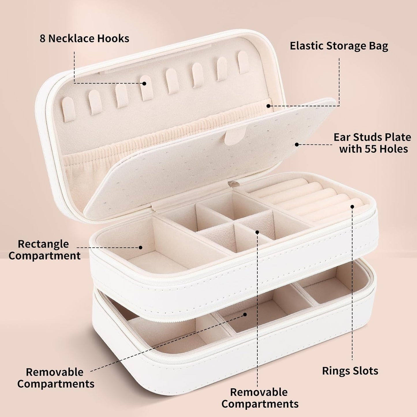 DesignSter Small Travel Jewelry Box with Double Zipper, 2 Layers PU Portable Jewelry Case for Women and Girls,Travel Jewelry Organizer for Rings, Earrings, Necklaces, Bracelets,Beige