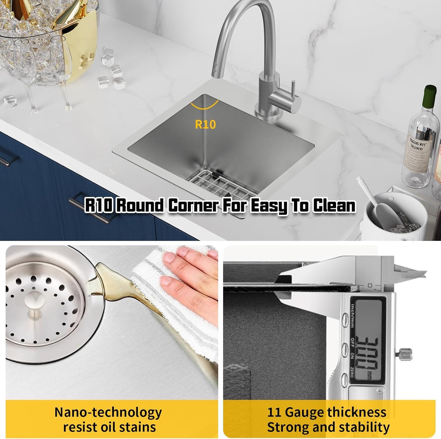 Small Kitchen Sink,15x15 Inch Bar Sink Stainless Steel Drop In Small Kitchen Sink Ideal Choice For Small Space Nice As Toprmount Prep Sink,RV Kitchen Sink With Bottom Grid,Soap Mat And Drain Assembly