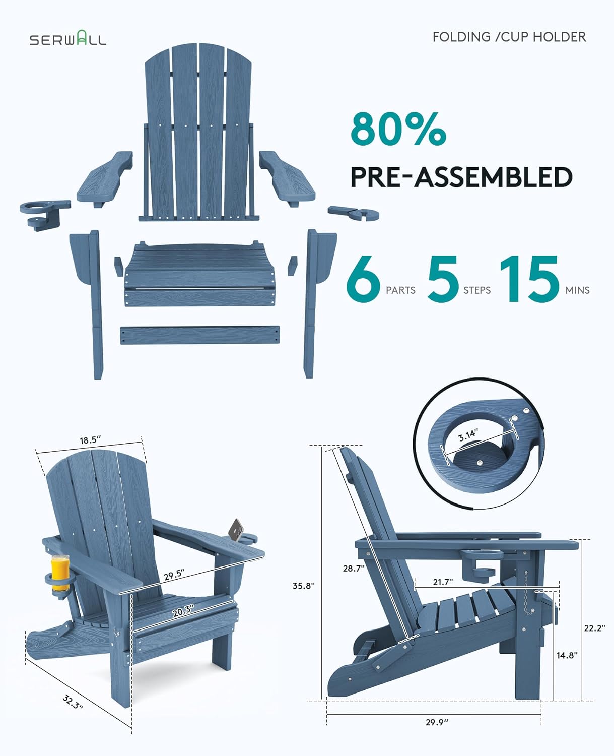 SERWALL Folding Adirondack Chair, HDPE Adirondack Chairs Set of 4, Plastic Outdoor Chairs- Looks Exactly Like Real Wood- Navy