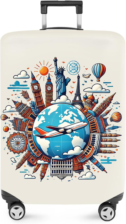 ANNA QUEEN Travel Around the World Luggage Cover, Colorful Landmark Suitcase Protector with Airplane & Globe Design, Stretchable, Washable Travel Sleeve for 20-22 Inch Luggage