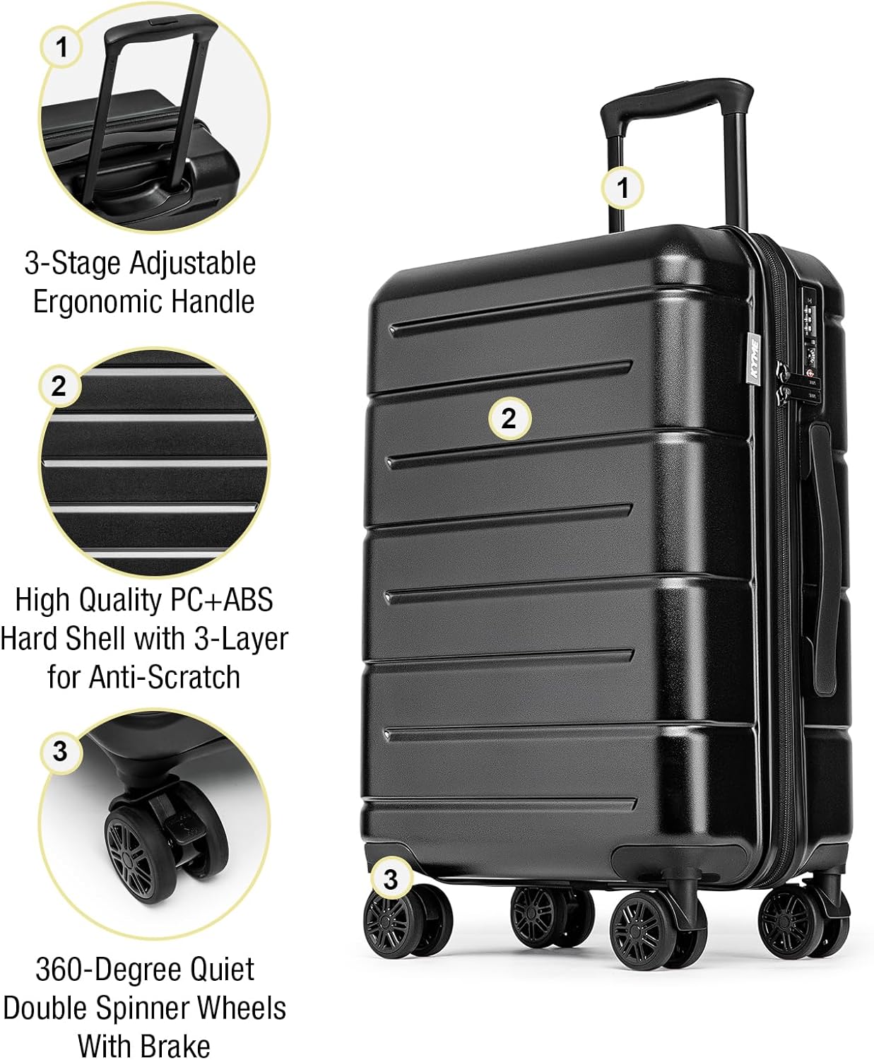 KYME Hardside Carry On Luggage 22x14x9 Airline Approved with TSA Lock Hardshell Carry On Suitcase with Spinner Wheels Travel Rolling 22 Inch Luggage with Cup Holder for Men Women Black