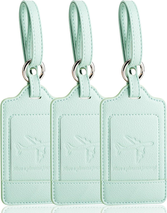 Teskyer Luggage Tags, 3 Pack Premium PU Leather Luggage Tags for Suitcases, Privacy Protection Travel Bag Tags, Lichee Light Green
