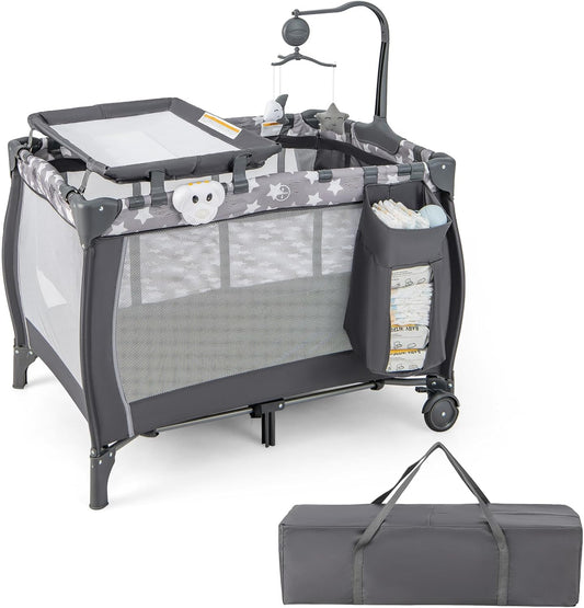 HONEY JOY Pack and Play, 3 in 1 Portable Baby Playard with Bassinet, Changing Table, Lockable Wheels, Music Box, Foldable Travel Baby Crib Nursery Center from Newborn to Toddler (Star Gray)