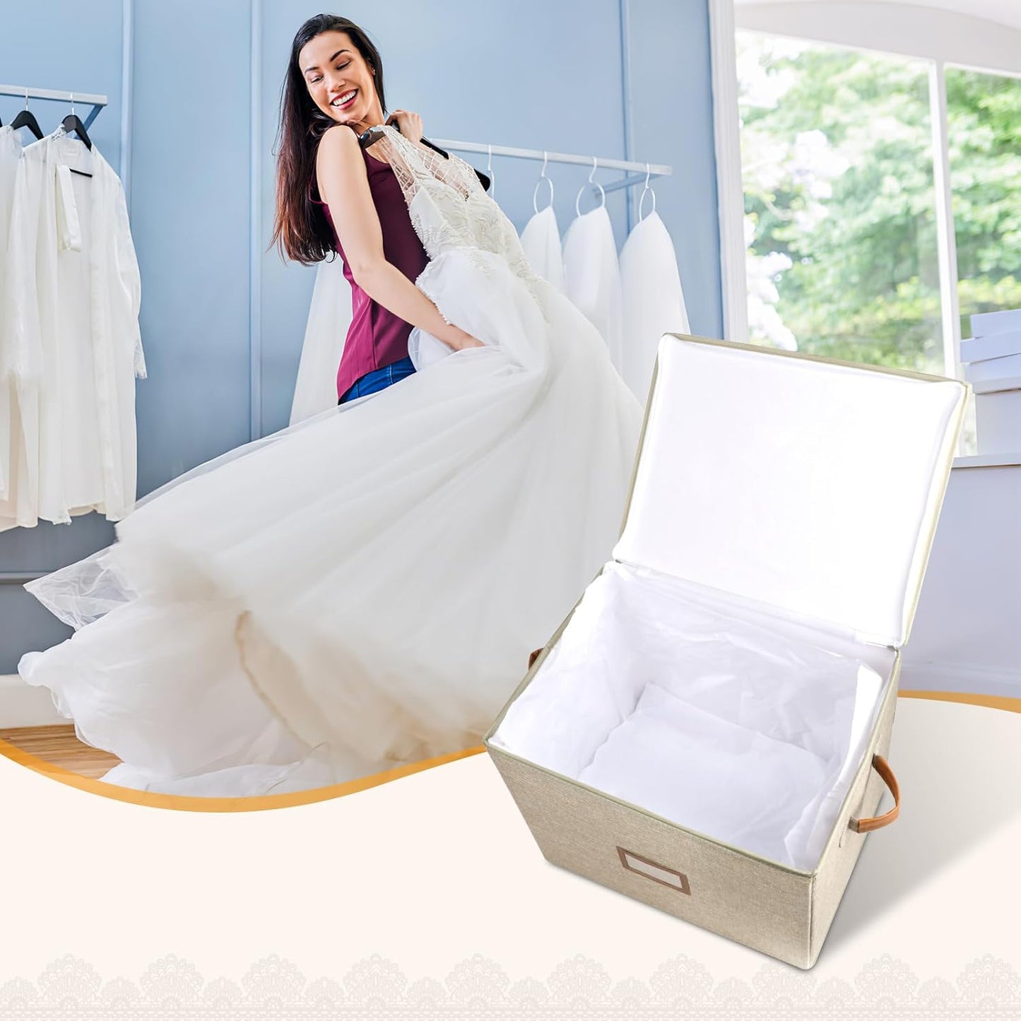 Wedding Dress Storage Box, Wedding Dress Preservation Box with Lid, Foldable Acid-Free Organizer with 1 Pair of Microfiber Gloves and 20 Sheets of Acid-Free Paper (1, Medium)