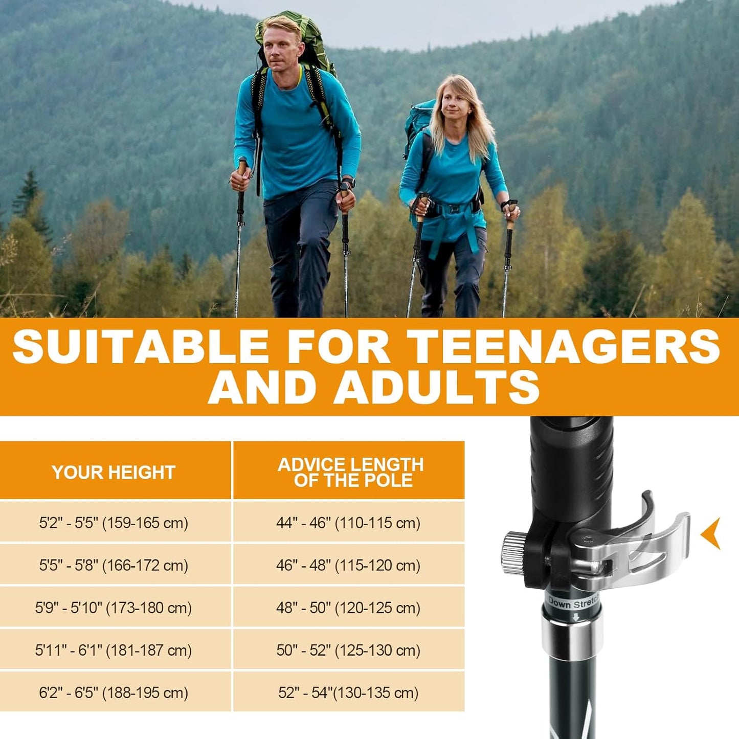 COVACURE Cork Handle Trekking Poles - Collapsible Hiking Sticks with Anti-Shock Tips, Lightweight & Foldable Walking Sticks for Snow Trails & Mountain Climbs, Durable Trekking Gear for Men and Women