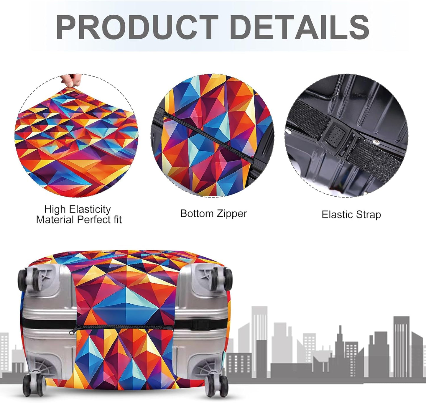 ANNA QUEEN Colorful Geometric Luggage Cover, Abstract Prism Pattern Suitcase Protector, Stretchable, Washable Travel Cover for 32-34 Inch Luggage, Bright, Durable & Eye-Catching