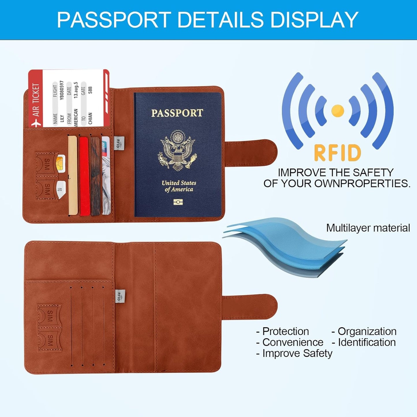 Passport Holders, RFID Blocking Credit Card Holder, PU Leather Passport Holders for Travel with Magnetic Buckle, Travel Must Haves Cruise Ship Essentials for Men, Women (Brown)