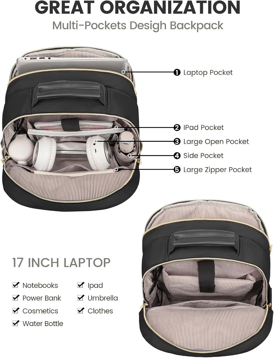 LOVEVOOK Laptop Backpack for Women, Travel Computer Work Bags with 17-inch Laptop Compartment, College School Student Bag Teen Backpacks For Girls, Hiking Outdoor Carry On Backpack Purse, Black