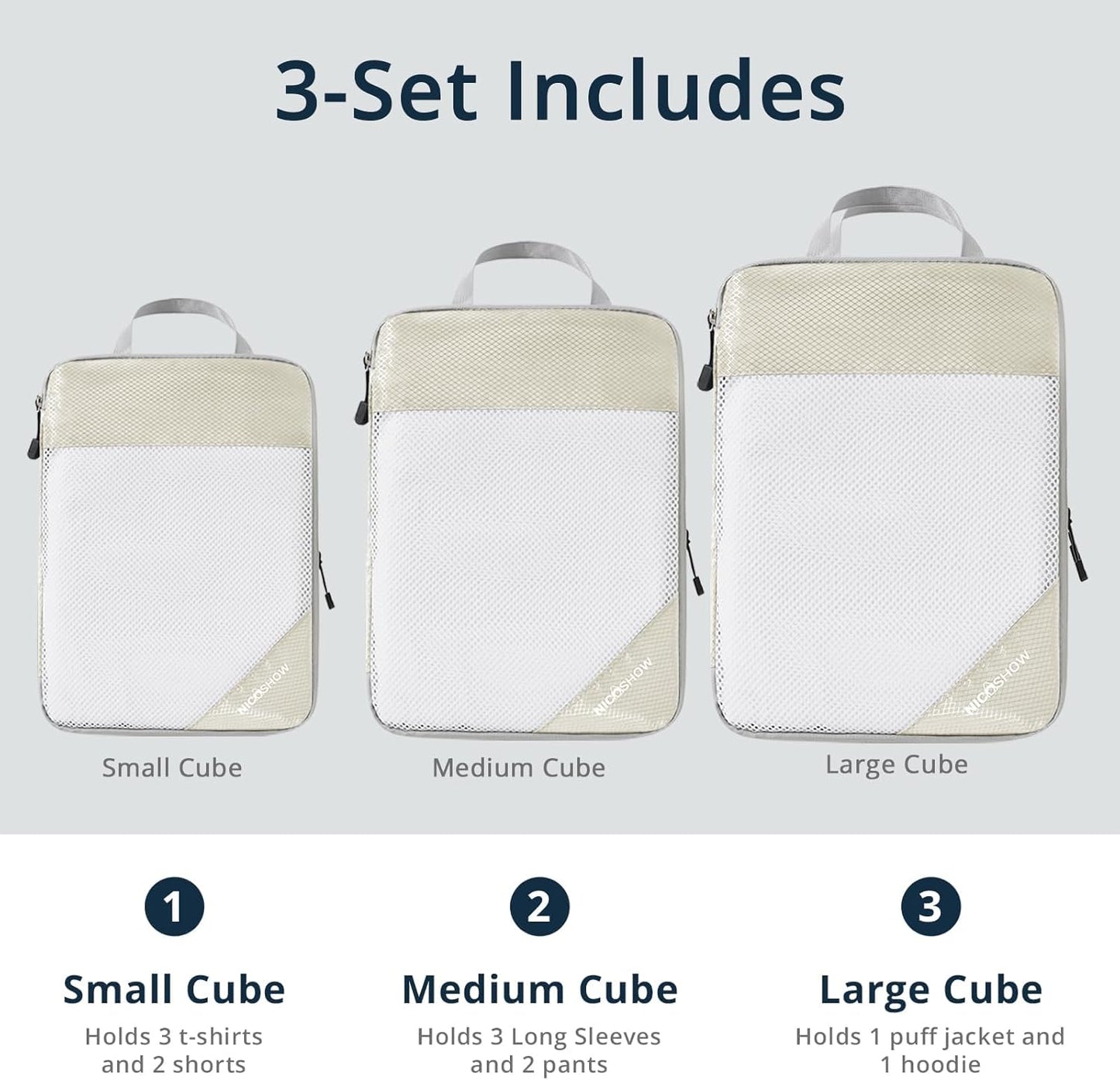 Compression Packing Cubes 3 Set, Compressible Space-Saving Packing Cubes for Travel - Compression Bags, Luggage Organizer, Travel Essentials for Women, Beige
