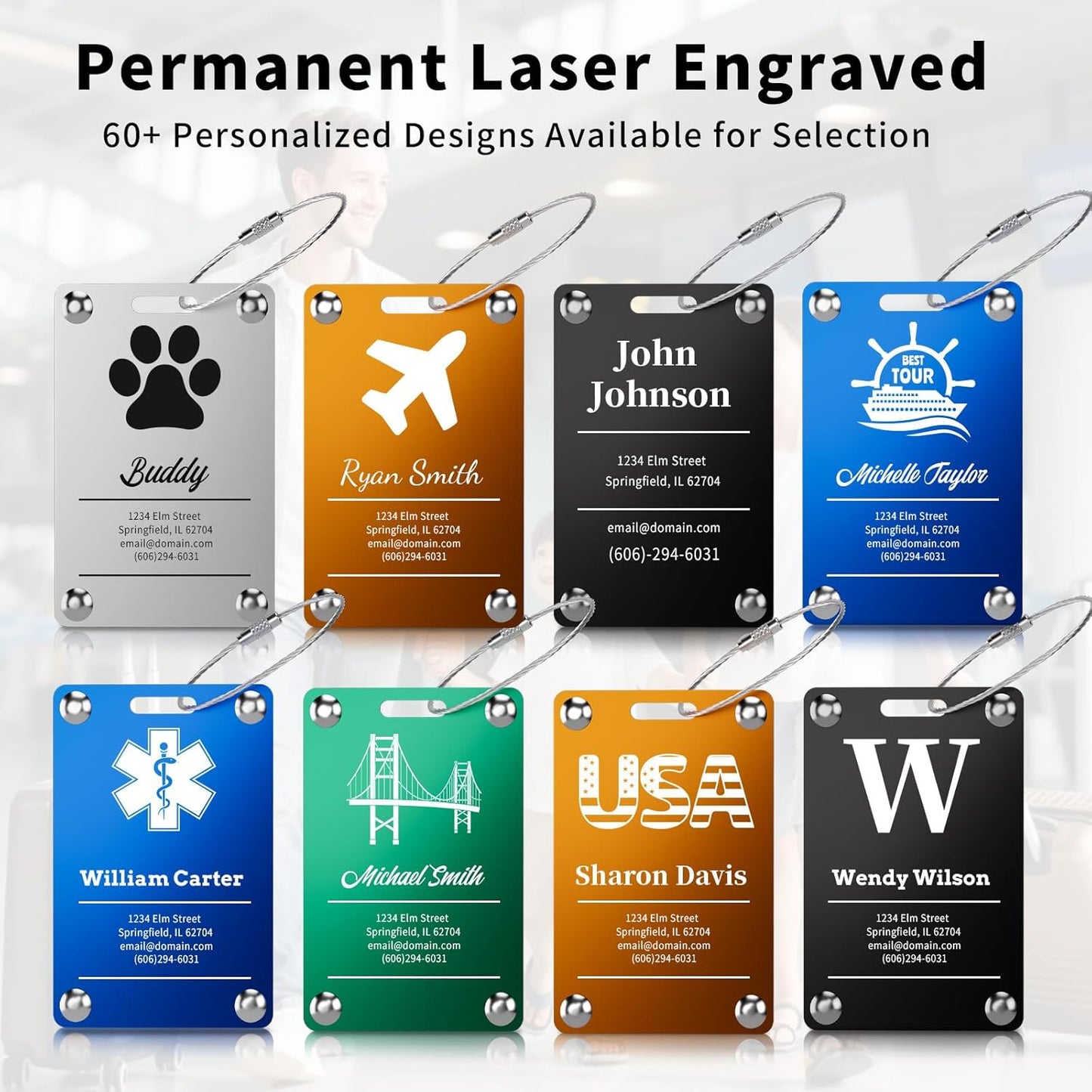 4 Pack Personalized Luggage Tags for Suitcases, Handmade Engraved Stainless Steel Custom Luggage Tags for Cruise Travel with Stainless Loop, Suitcase Identifier Metal Name Baggage Tag