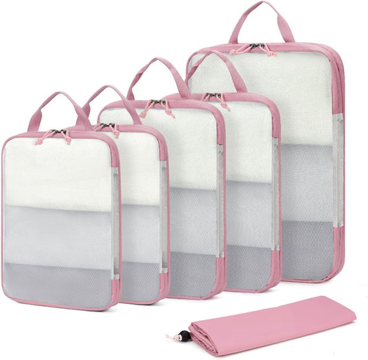 ECOHUB 6 Set Compression Packing Cubes, Gifts for Women Mom, Lightweight Vacation Travel Essentials Accessories for Suitcase Luggage Organizer Bags Set with YKK Zippers Shoe Bag, Pink