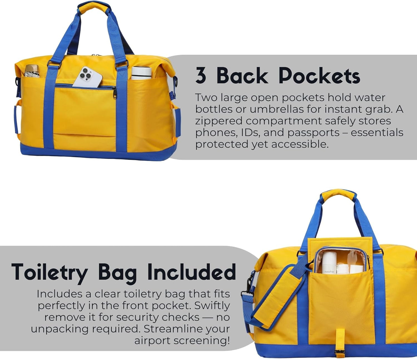 SUNNY BIRD Duffel with Utility Pouch, 40L Weekender Overnight Bag with Shoe Compartment for Travel and Sports (Yellow and blue)