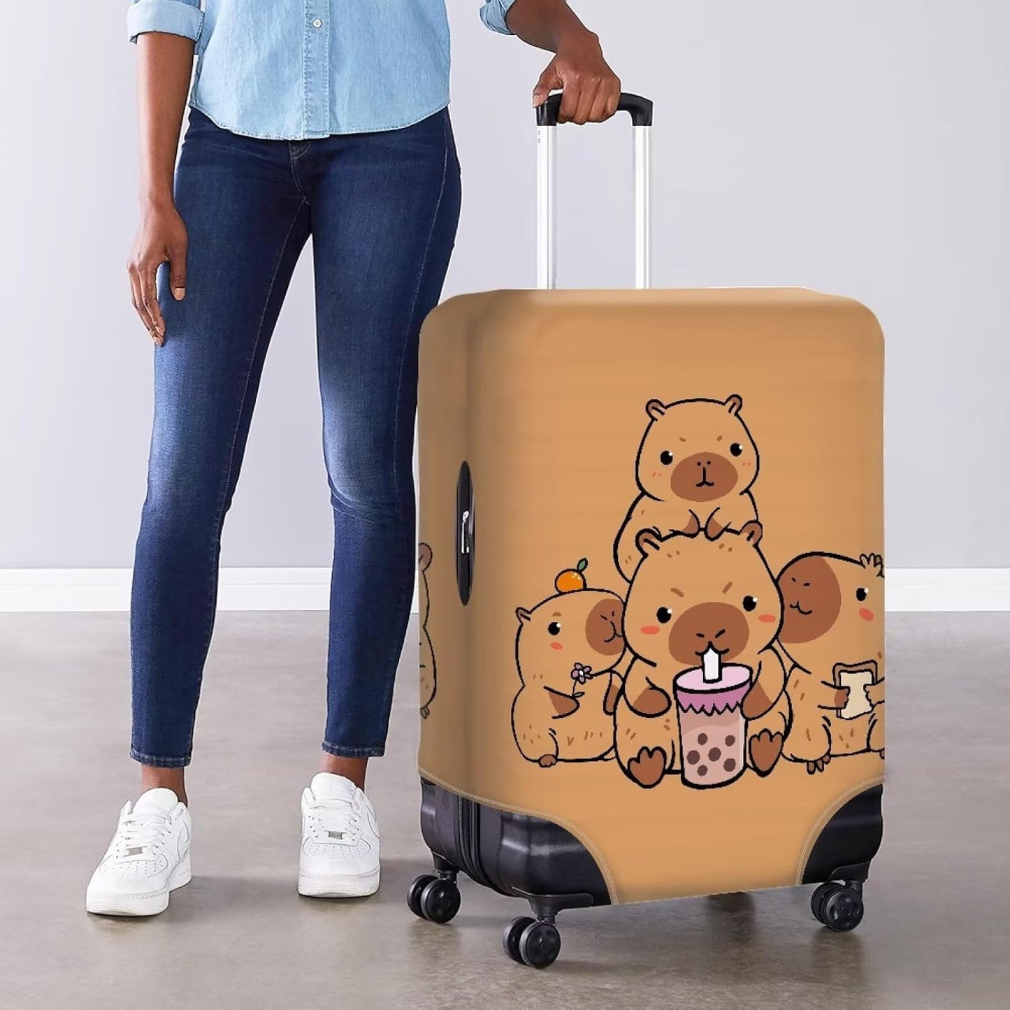 Milk Tea Capybara Luggage Cover Fit 18-21 Inch Universal Thickness Suitcase Covers Protector with Invisible Zipper Scratch-Resistan Travel Luggage Baggage Case, Cute