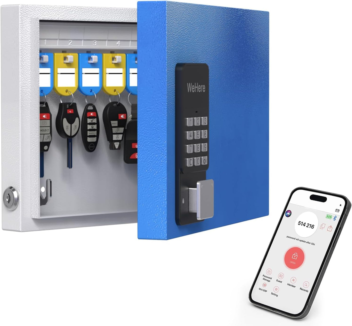 WeHere 16 Key Lock Box Wall Mount, Smart Key Cabinet with Key Tags, Bluetooth App Control, OTP & Password Unlock, Wi-Fi Remote Unlock (Bridge Sold Separately), Steel Key Safe for Office Home Business