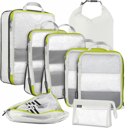 Cipway Compression Packing Cubes Mesh, Lightweight Luggage Organizer Bags with Laundry Bag,Toiletries Bag and Shoe Bag, Travel Essentials for Carry on Suitcase（8Pcs,White）