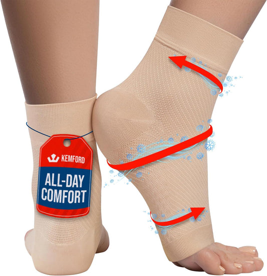 KEMFORD Ankle Compression Sleeve with Cooling Effect - Plantar Fasciitis Braces - Open Toe Compression Socks for Swelling, Sprain, Neuropathy, Arch Support for Men and Women - M, Beige
