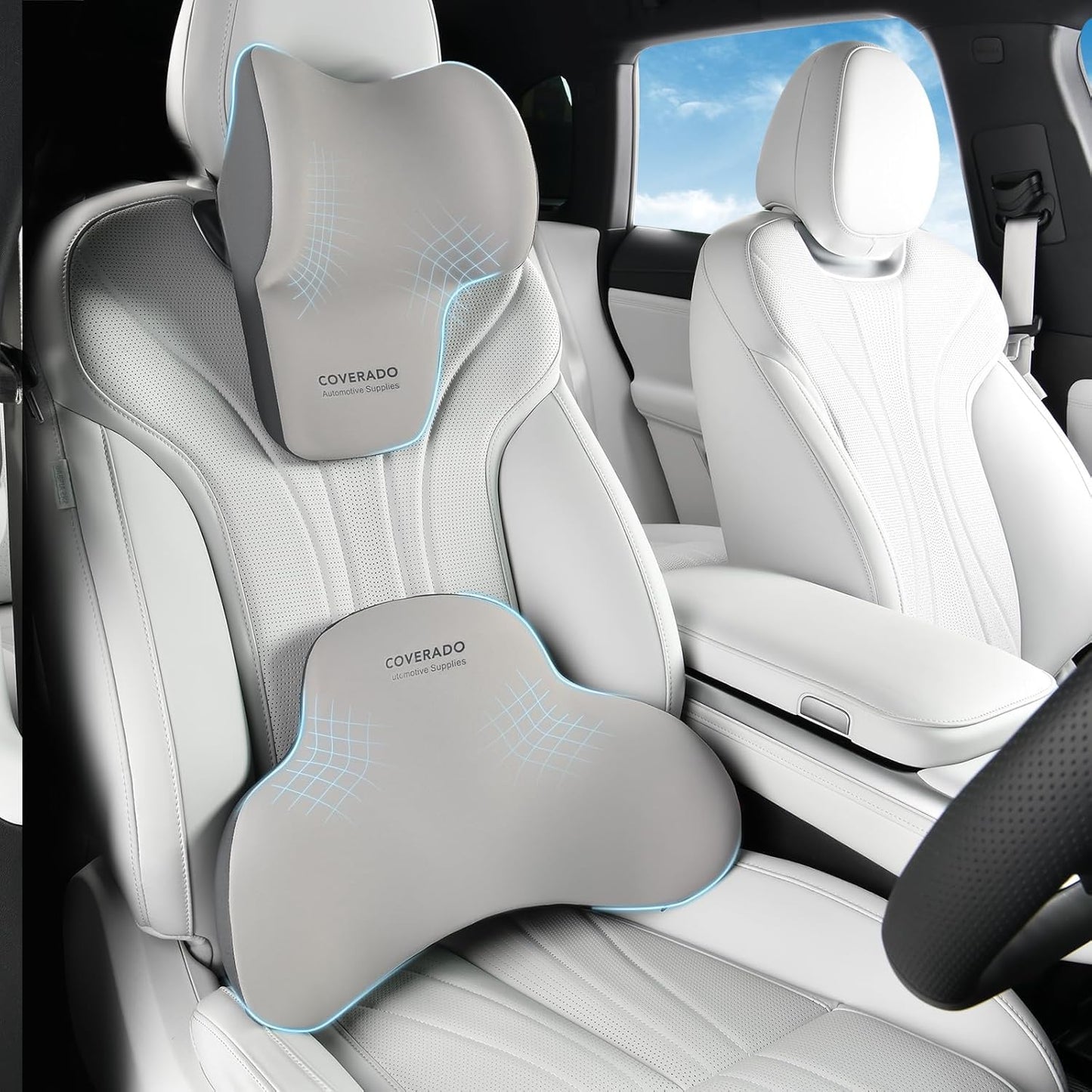 Coverado Lumbar Support and Headrest Pillow for Car, Memory Foam Ergonomic Head Neck Support Pillow for Driving Seat, Back Support and Pain Relief, Seat Cushion for Car, Driver, Office