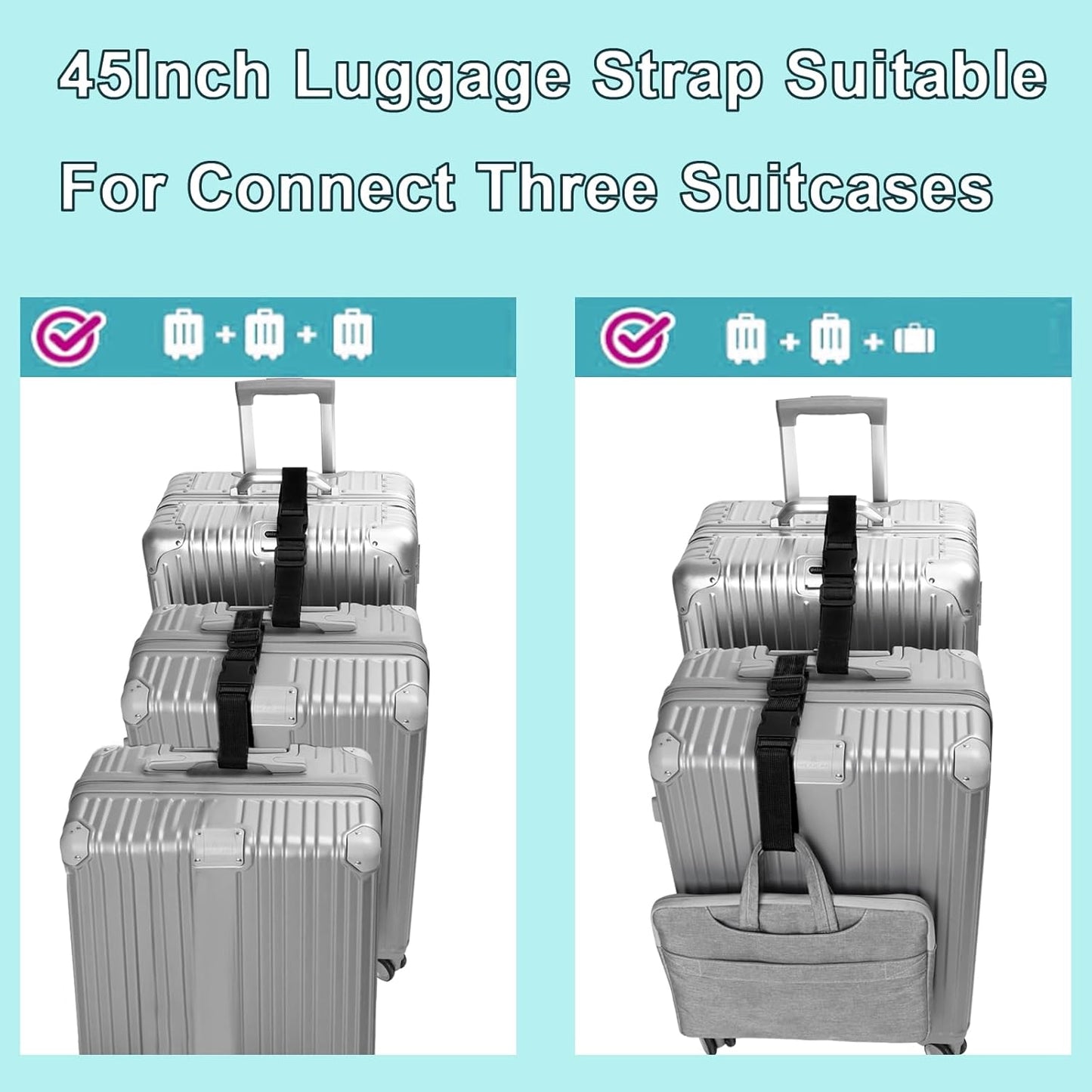2Pack Add Bag Luggag Straps for Carry On Bag, Adjustable Suitcase Belt Add Bag Travel Attachment Accessories for Connect Your 3 Luggages, Green