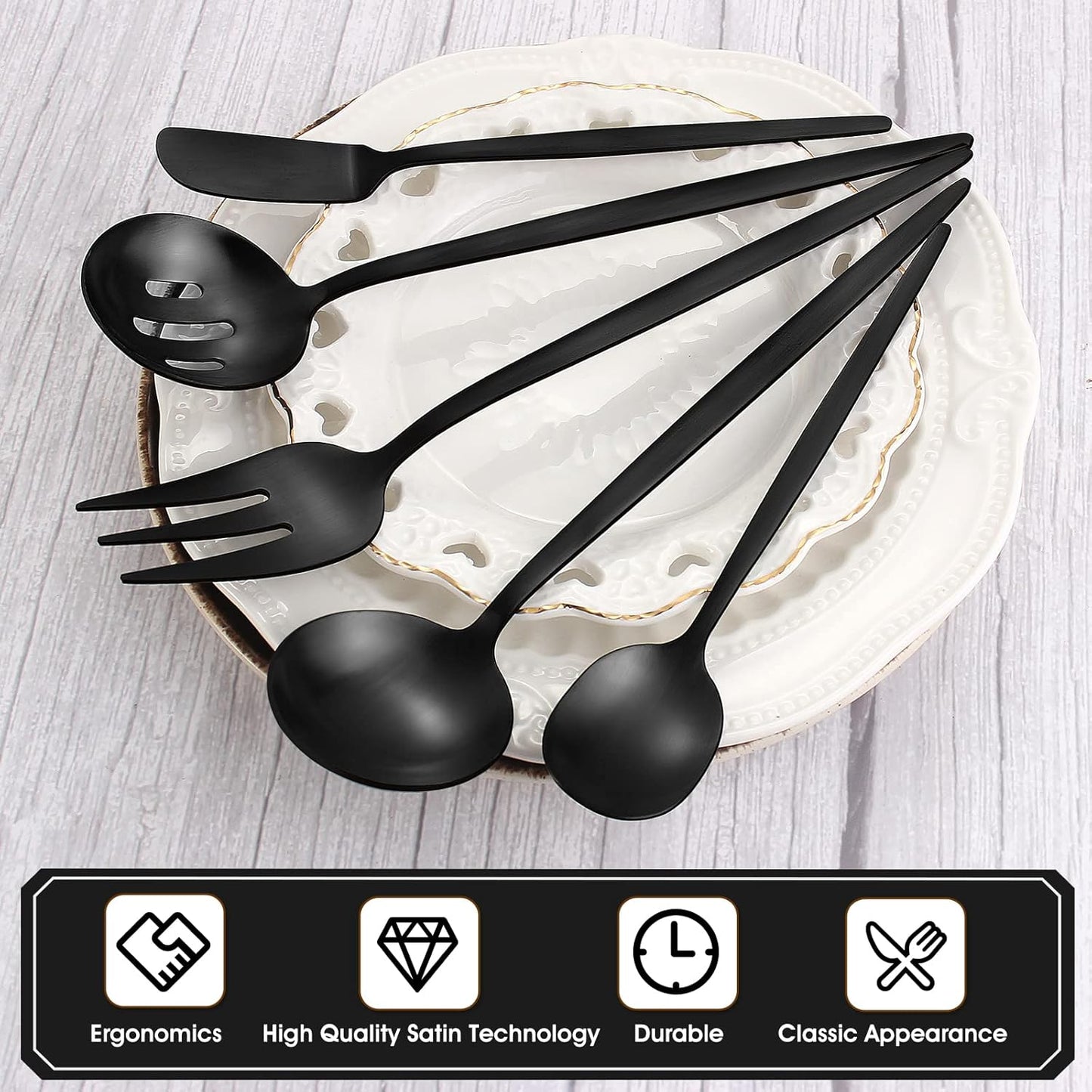 Matte Black Serving Silverware Set, 5-Piece Round Shared Utensils Set of Stainless Steel, Hostess Flatware Serving Set, Satin Finish, Dishwasher Safe