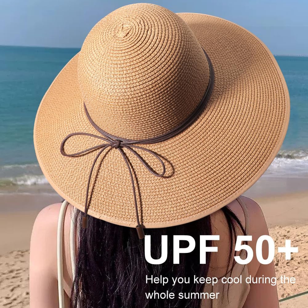 DRESHOW Beach Hats for Women Big Straw Wide Brim Summer Hat Floppy Foldable Roll up Cap Sun Hat UPF 50+