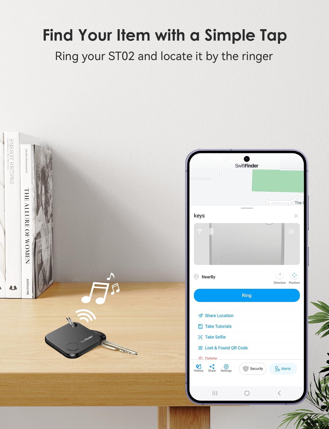 Keys and Phone Finder, Bluetooth Tracker Locator for Keys, Bags, Wallets and More, Up to 300 ft Range, Replaceable Battery, Water-Resistant, iOS and Android Compatible, 4 Pack