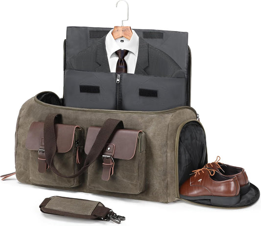 Waxed Canvas Garment Bags for Travel, Convertible Carry On Garment Duffel Bag for Men Women, 2 in 1 Suit Bag Hanging Suitcase Business Travel Bag with Shoe Compartment (Vintage Grey, XL)