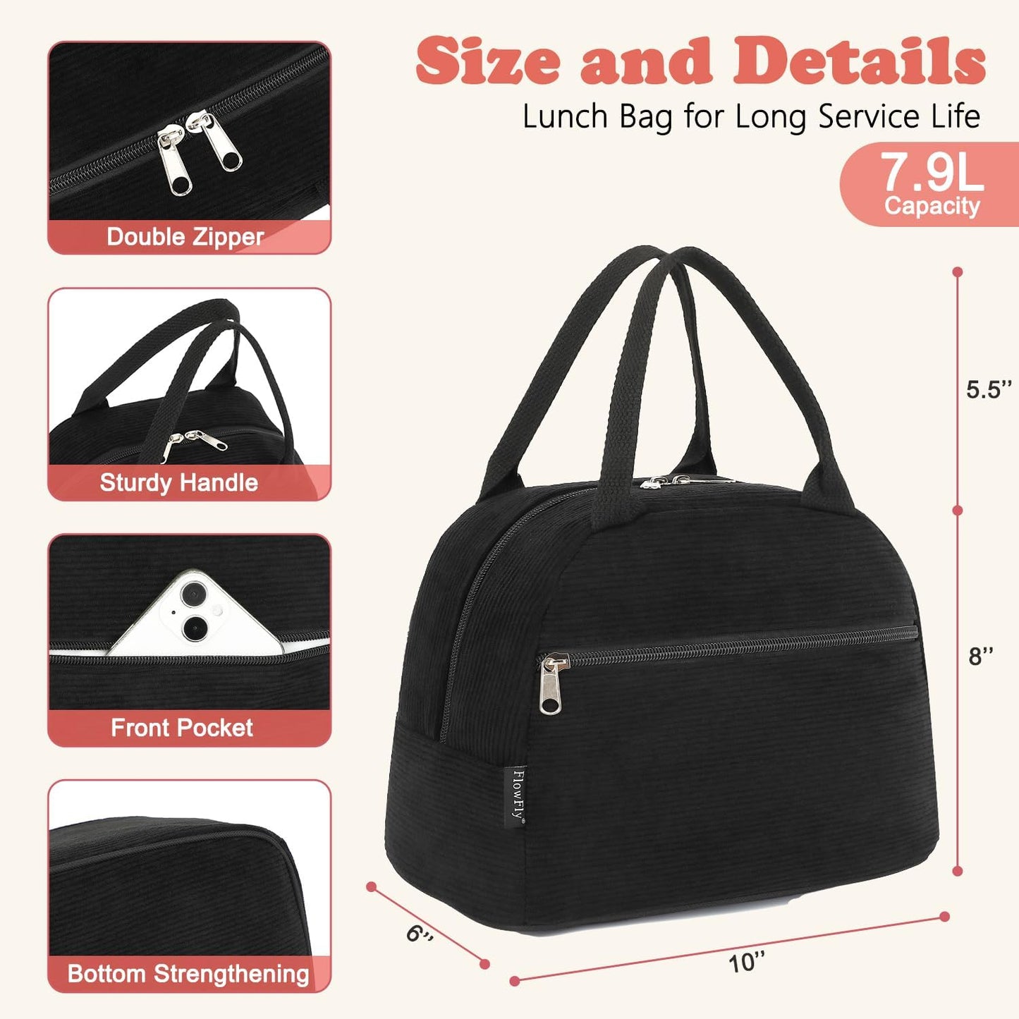 FlowFly Lunch Bag for Women Insulated Lunch Box Corduroy Lunch Tote Cooler for Travel Work Picnic,Corduroy Black