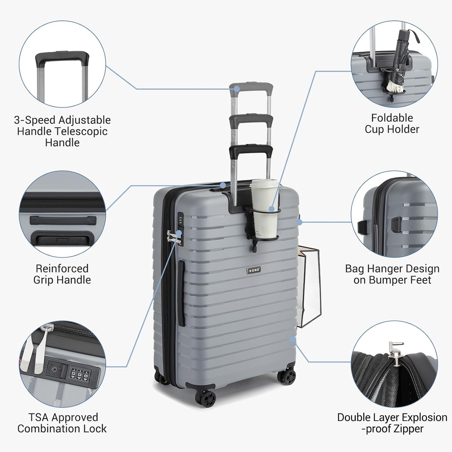 Kono 20 Inch Expandable Carry On Luggage with Spinner Wheels, Durable Hardside Luggage with Hidden Cup Holder, Lightweight Hard Shell Carry On Suitcase Airline Approved with TSA Lock(Light Grey)