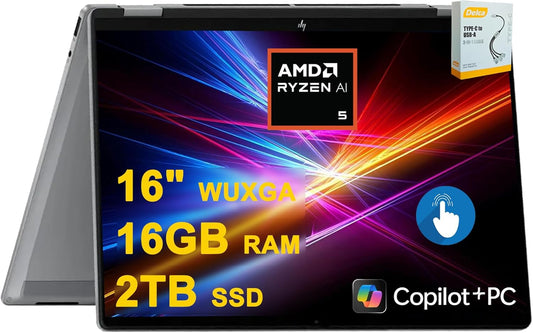 HP OmniBook X Flip Copilot+ AI PC 2-in-1 Laptop | 16" WUXGA Touch (400nits) | AMD 6-core Ryzen AI 5 340 (Up to 50 Tops) | 16GB DDR5 2TB SSD | Backlit 5MP IR Privacy Camera Win11Pro w/DLCA Accessory