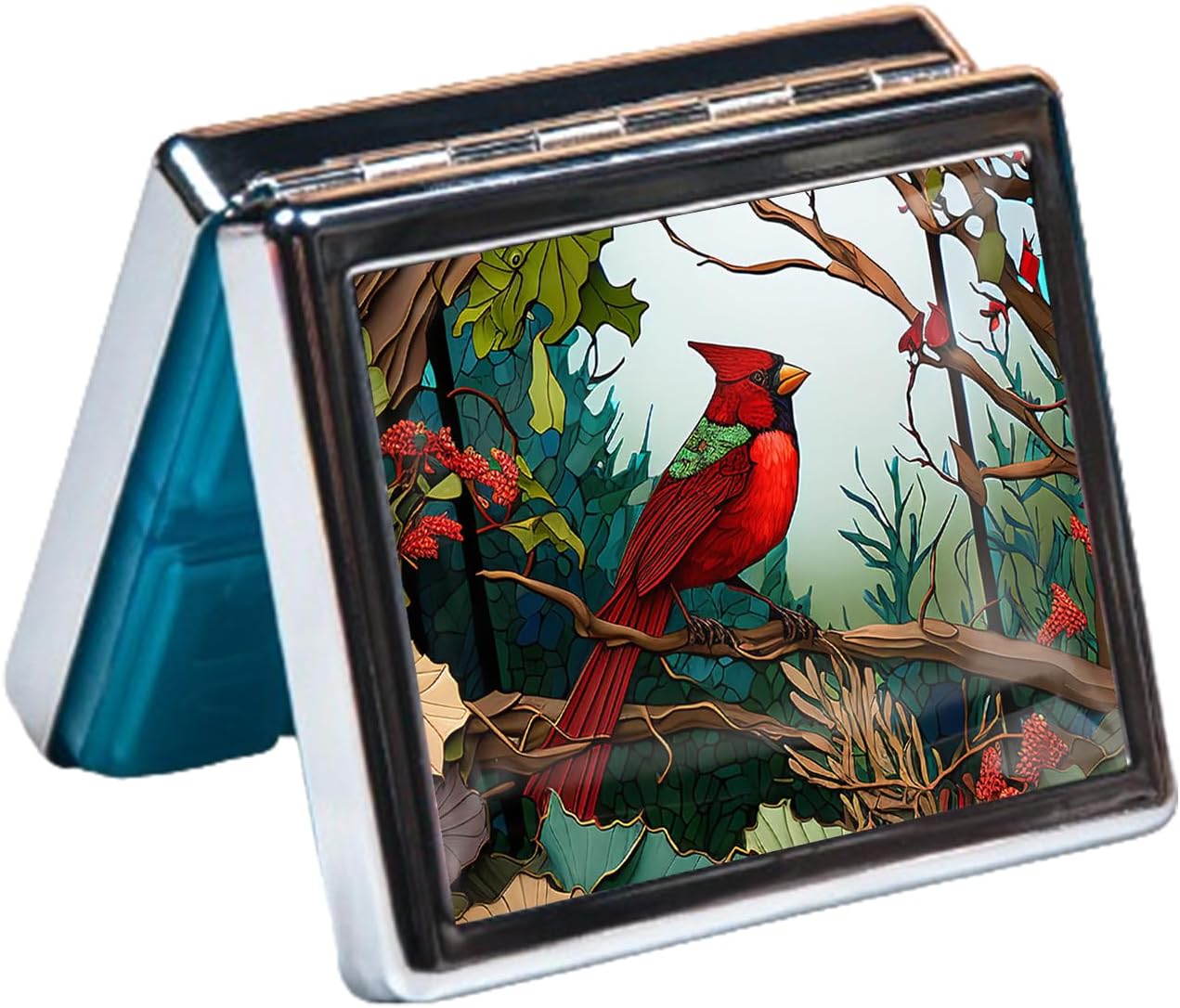 Silver Vintage Pill Box 7 Day Metal Pill Box with Mirror and 8 Compartments Cute Travel Pill Organizer for Purse (Cardinal Stained Glass)