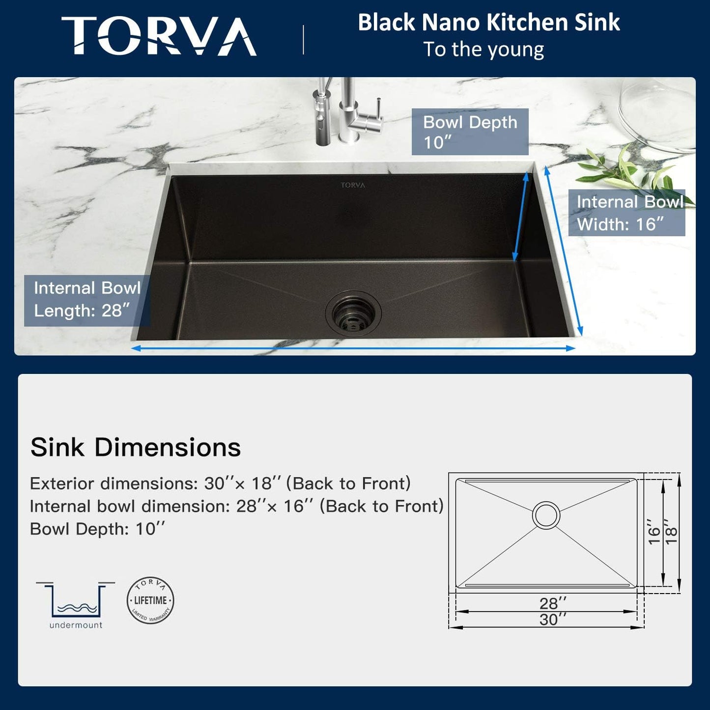 TORVA 30 x 18 Inch Black Ceramic Coating with NanoTek Undermount Kitchen Sink, PVD Coated Gunmetal Sink,16 Gauge Stainless Steel Wet Bar or Prep Sinks Single Bowl,Dark Grey