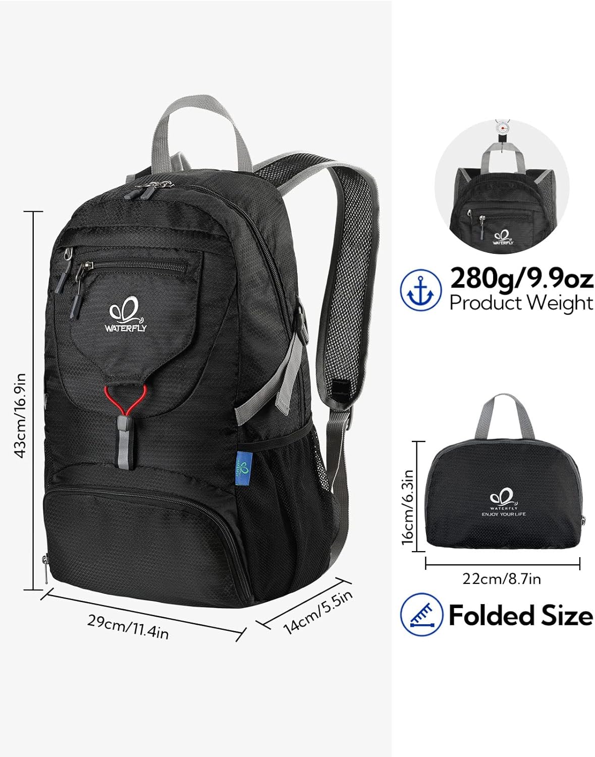 WATERFLY Small Lightweight Packable Backpack: 20l Ultra Light Foldable Travel Hiking Camping Daypack Day Pack for Man Woman