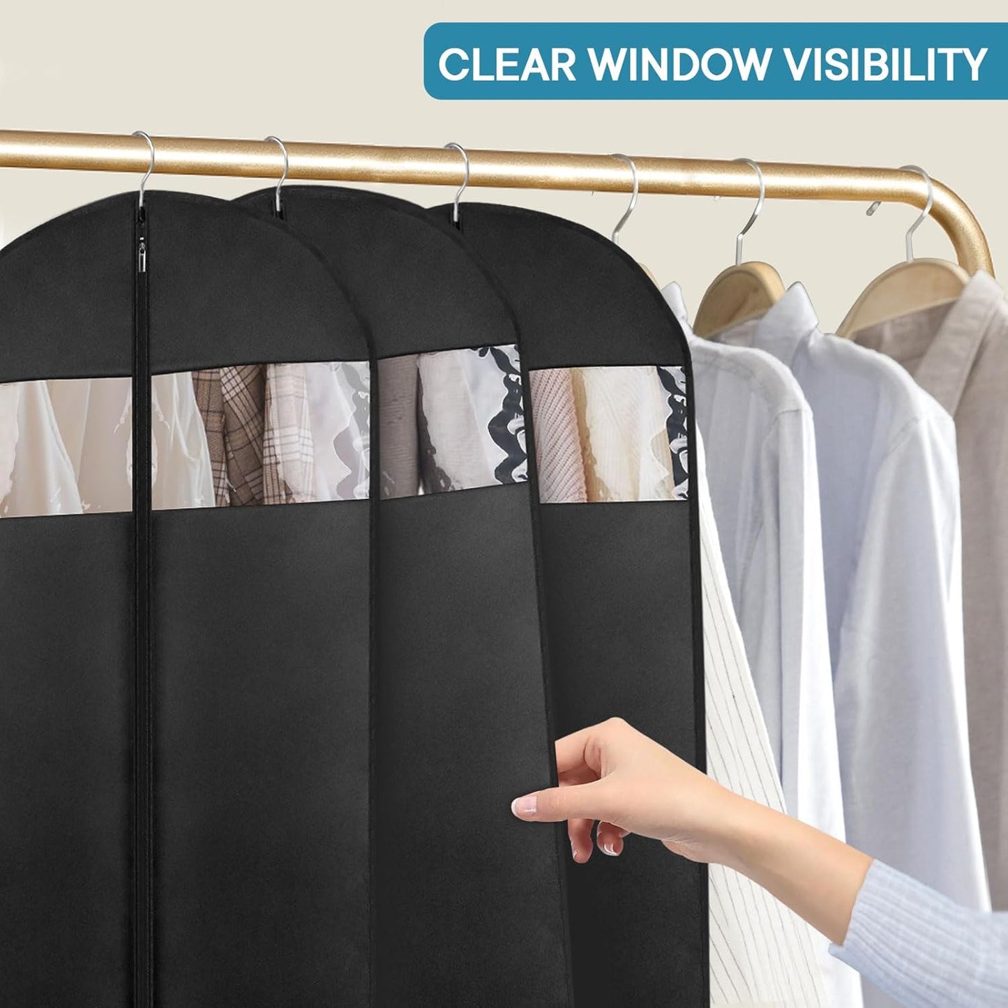 10 Pack - Moucas 43" Black Garment Bag, Mens Suit Bags for Closet Storage and Travel, Garment Bags for Hanging Clothes, Suit Cover Bags with Zipper for Coats, Jackets, Shirts